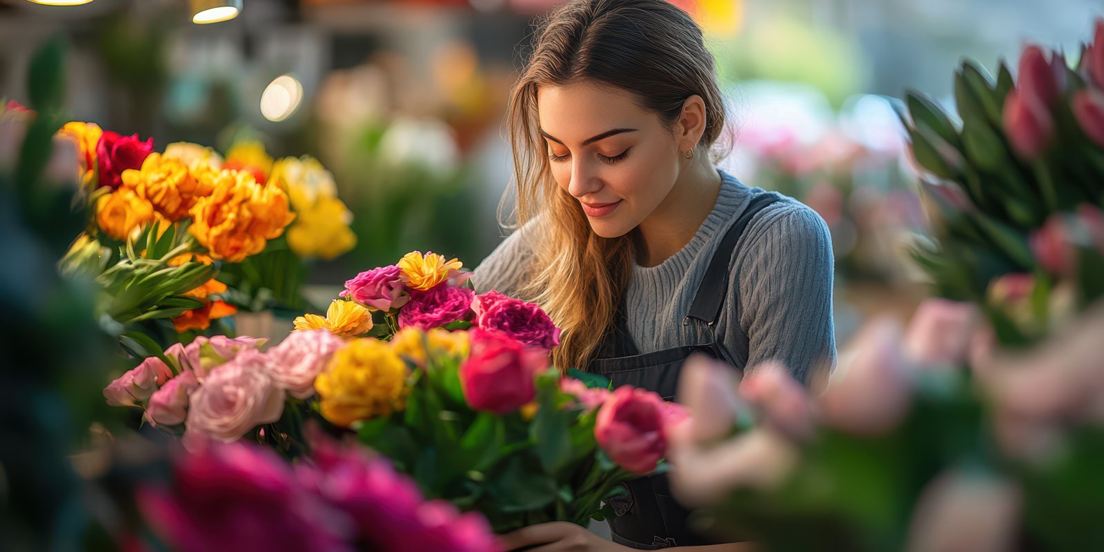 Woman arranging colorful flowers at a vibrant market during a sunny afternoon in spring